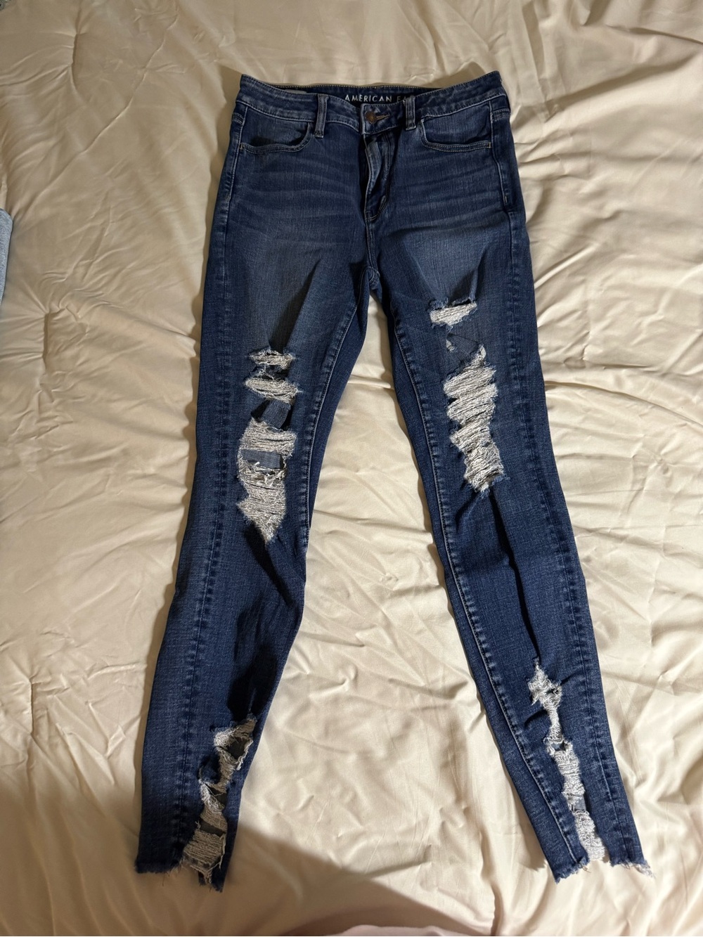 American Eagle Outfitters Dark Blue Distressed Skinny Jeans - Women's